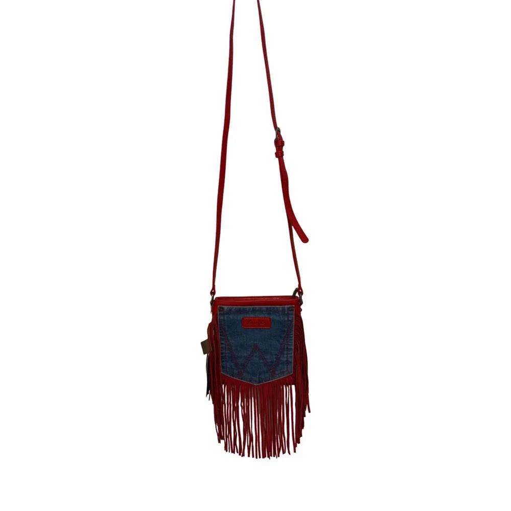 Wrangler Leather Fringe Denim Red Crossbody Bag - Picture 9 of 15